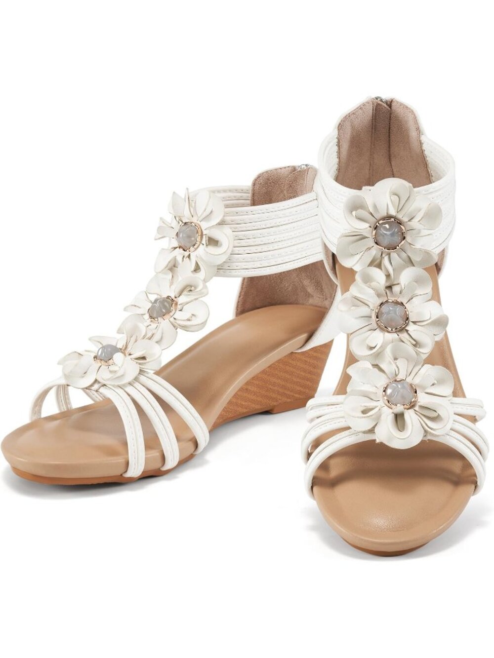 ✨Women White Floral Low Heel Open Toe Zipper Gladiator Ankle Strap Wedge Sandals